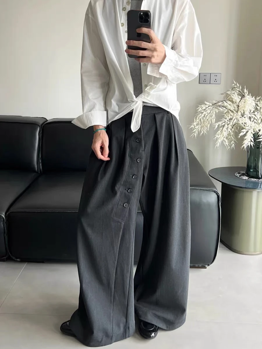 

Loose Wide Leg Men's Trousers Vintage Casual Pants Circular Button Design Live Pleats Sword Way Design Autumn Faion Youth