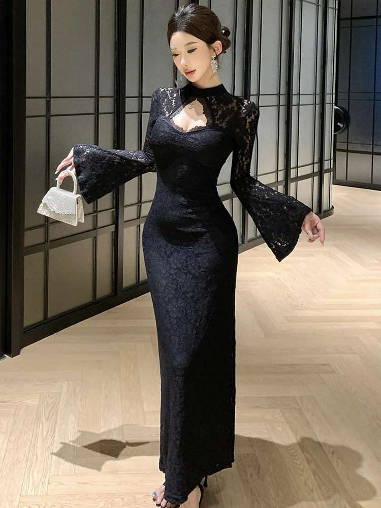 2025 schwarz Spitze Patchwork Aushöhlen Sexy Langes Kleid Frauen Koreanische Vintage Luxus Abendkleid Herbst Winter Elegante Prom Kleid
