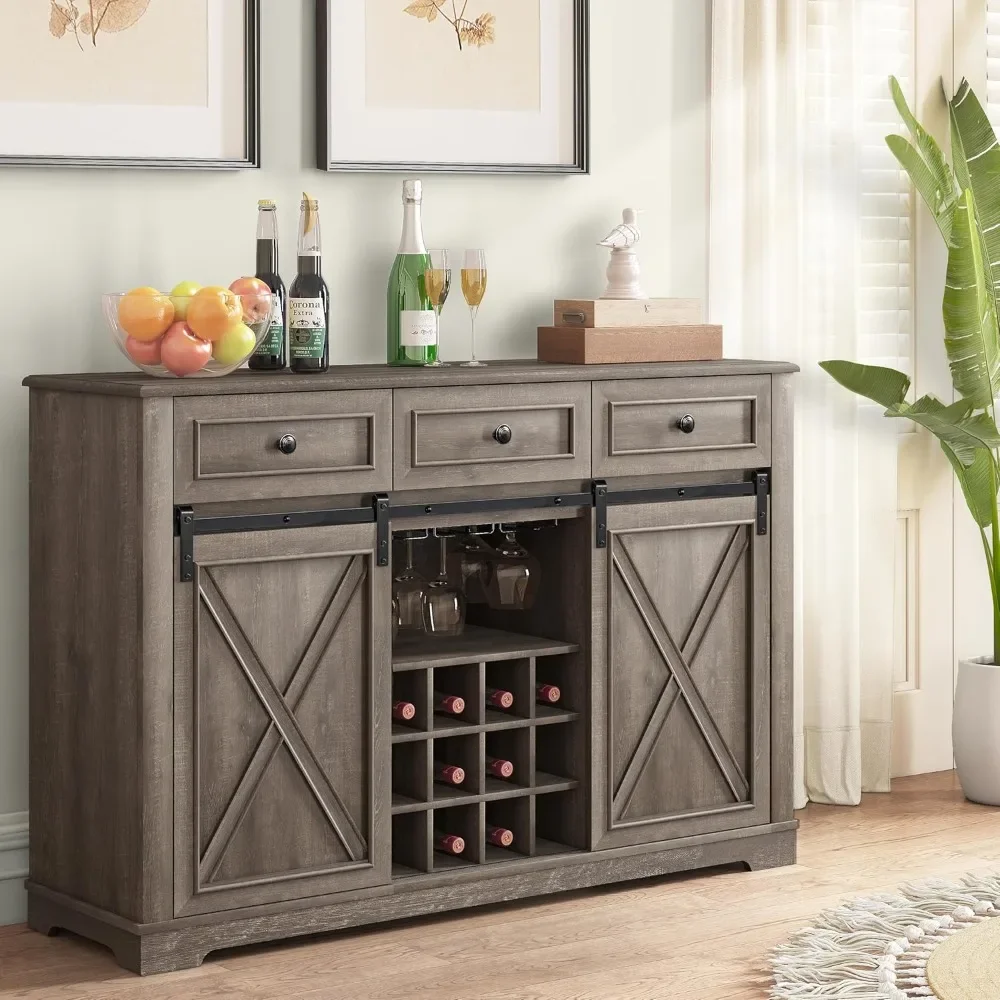 

54-дюймовый винный шкаф с 2 раздвижными дверцами для сарая, открытым стеклом и винной полкой, 4 полками для хранения и 3 ящиками, кухонный кофе-бар