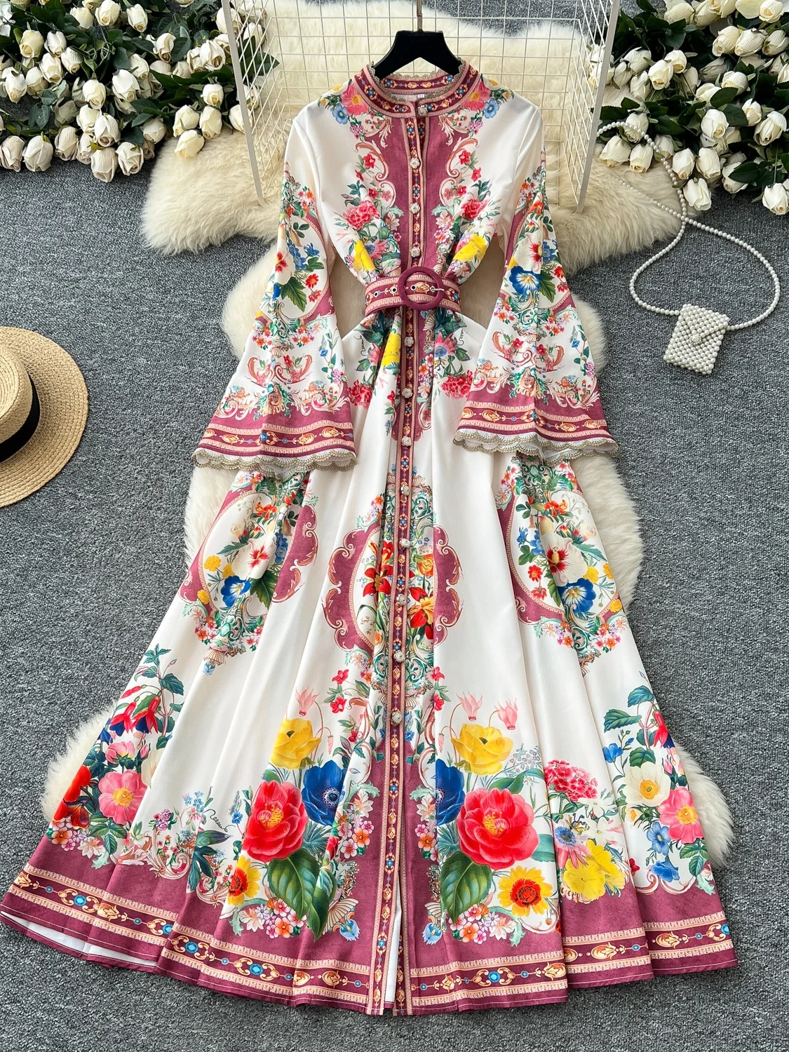 

Retro Court Floral Print Dr Women's Waist Cinched Maxi Skirt Long Sve High Waist A-Line Korean Sle Summer Dr