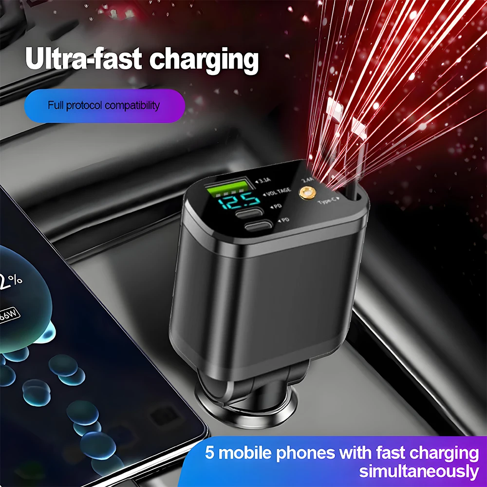 

120W Retractable Car Charger USB Type C PD with Roof Starlight For iPhone Samsung Fast Charging Cord Cigarette Lighter Adapter