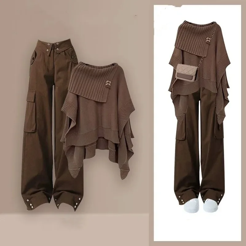 

Women's Spring Autumn Retro Brown Shawl Sweater Pants 1 or Two Piece Set Lady Loose Knit Batwing Sleeve Tops Trousers Outfits