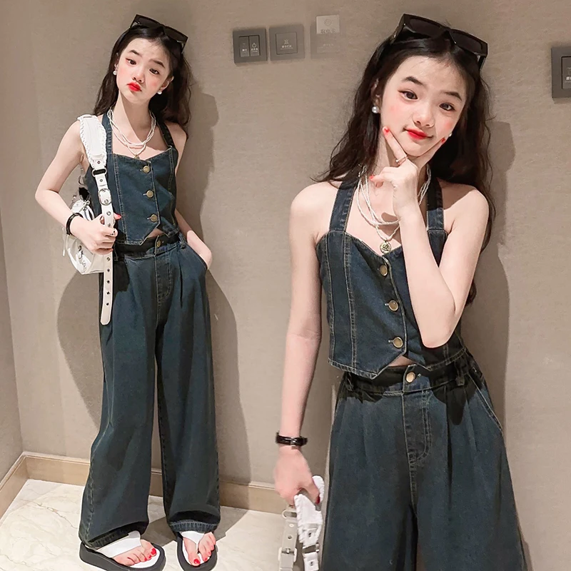 summer designer teen girls clothes sets Denim camisole vest+wide leg pants 2pcs 8 10 12 kids suit vetement fille childer outfits