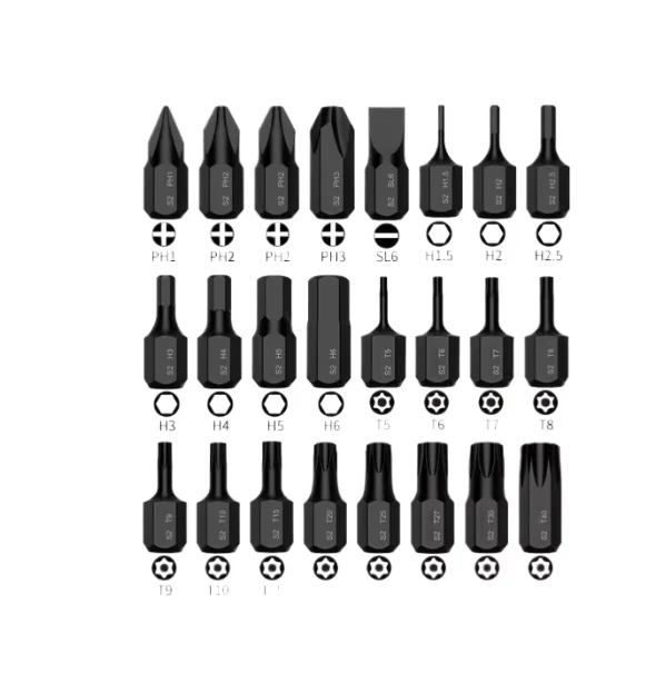 24pcs 18mm Long Super Short Hex Shank Screwdriver Bits Set Phillips Slotted Torx T5-T40 H1.5-H6 PH1 PH2 PH3 SL6 for Tool Kit