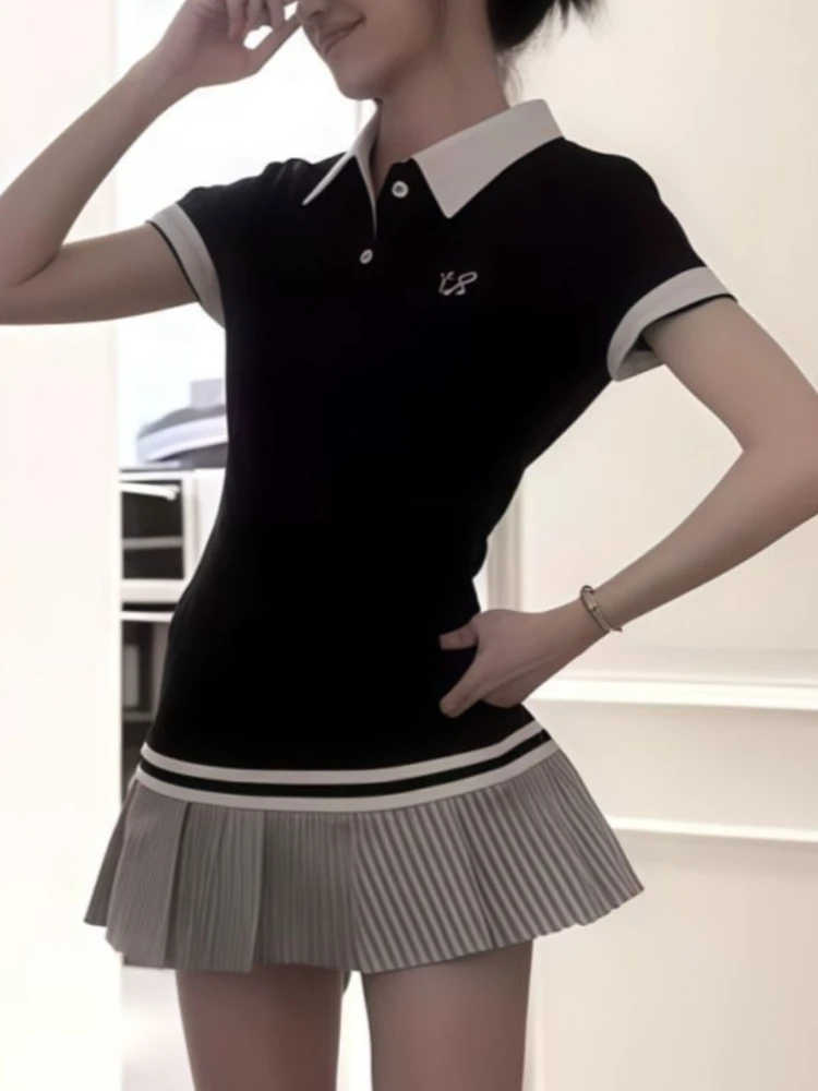 

Summer New Slim Fit Patchwork Sets Women College Style Polo Collar Top + Short Skirt Suit Korean Chic Casual 2-piece Set 2026