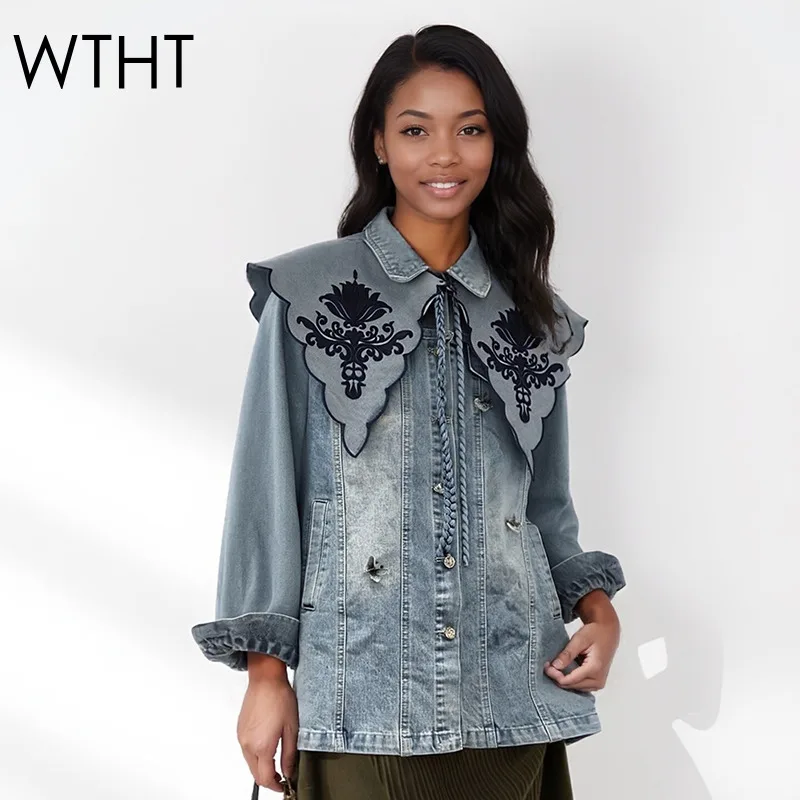 

WTHT Trendy New Women's Detachable Embroidery Shawl Denim Jacket 2026 Spring Lapel Long Sleeves Loose Coat Female 1LS2843