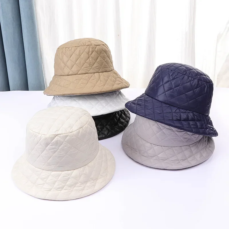 Women Winter New Ultra-light Down Cotton Rhombus Fisherman Hat  Cap Cotton Jacket Warm Korean Casual y2k Pot Hat Panama Caps