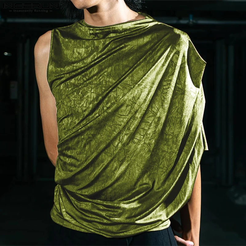 

INCERUN топы 2025, стильные мужские замшевые дизайнерские плиссированные жилеты нестандартной формы в американском стиле, повседневные топы на бретелях с универсальной текстурой для городских прогулок