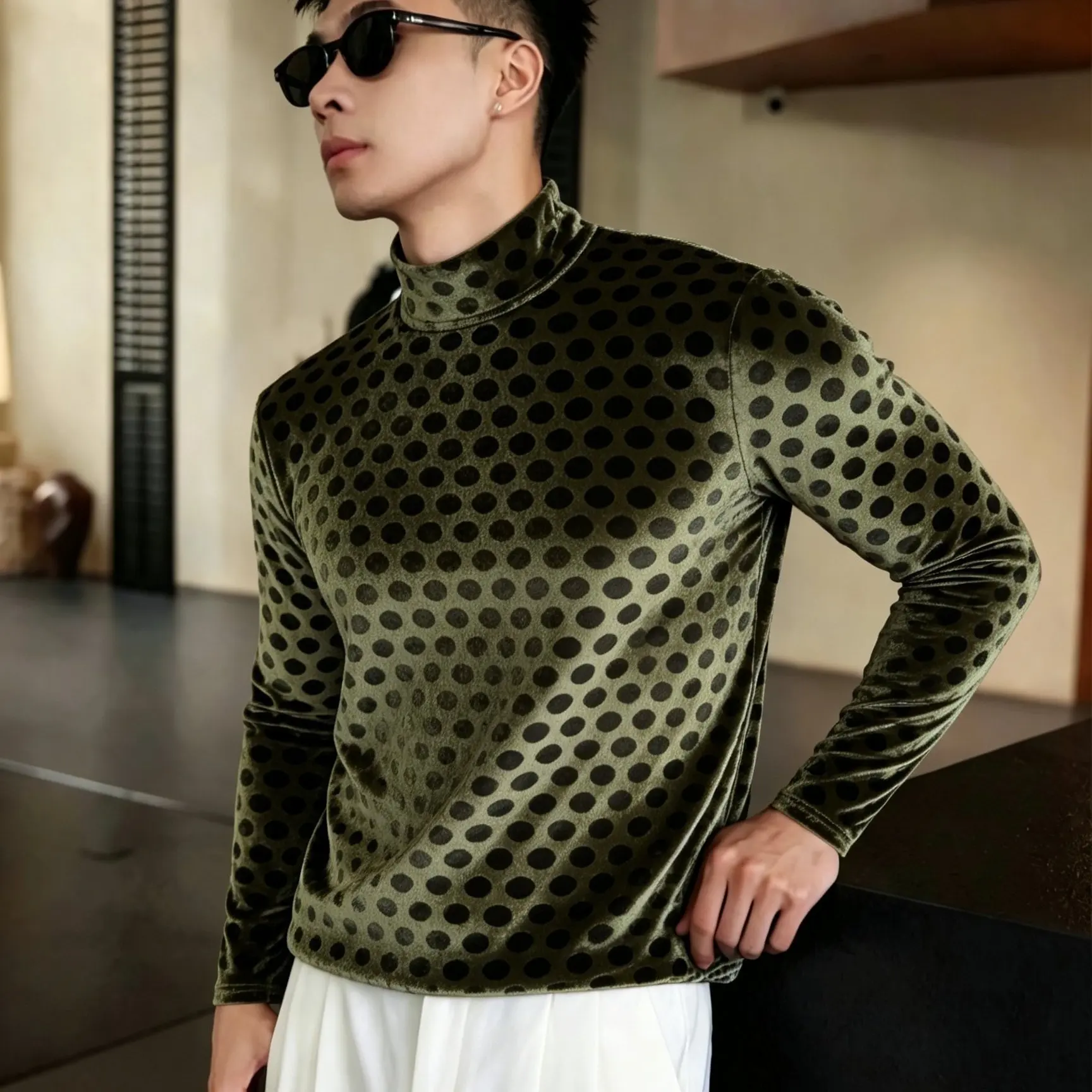 Autumn Winter High Neck Polka Dot Long Sleeved T-shirt Men's Velvet Slim Fit Casual T-shirt Social Commerce Base Shirts Tee Tops