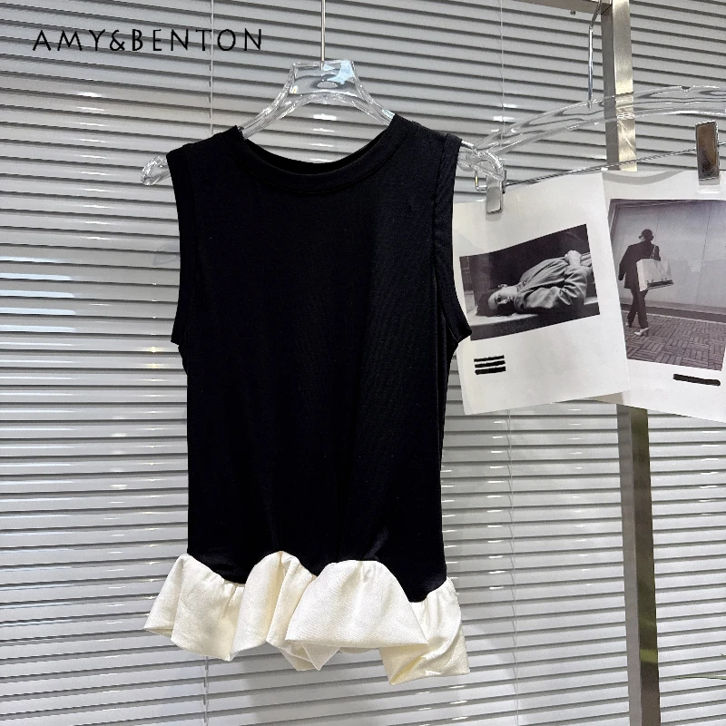 

Модный женский жилет с плиссированным подолом и вставками, летняя новинка 2026 года, универсальный, без рукавов, для создания нежного образа