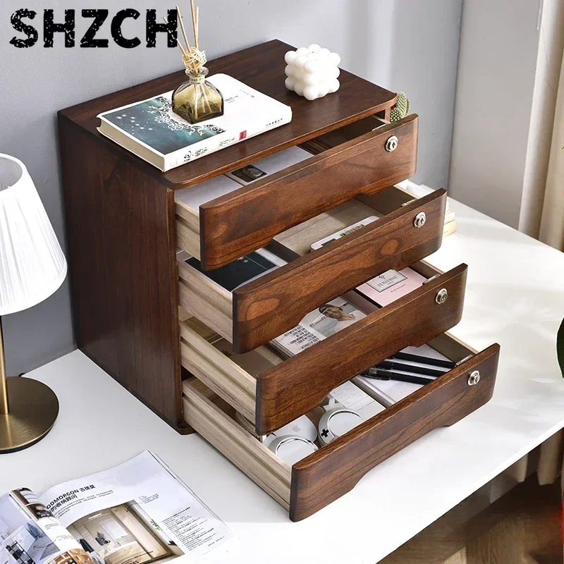 Solid Wood Desktop Storage Box with Lock Drawer-type Multi-layer Table Storage Cabinet Office Sundries File Storage Drawer