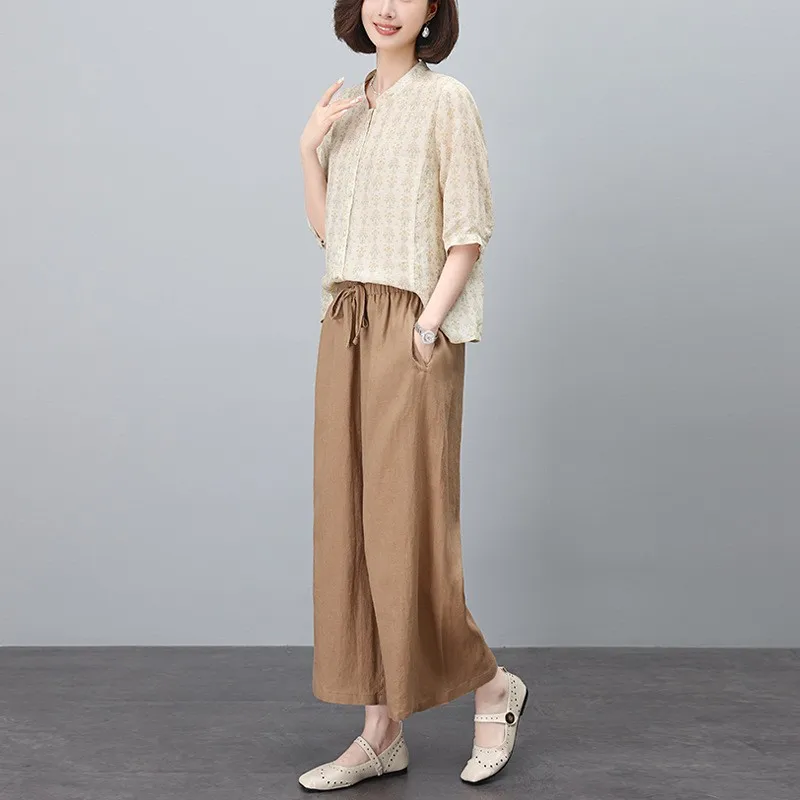 طقم مكون من قطعتين من السراويل ذات الساق الواسعة من القطن والكتان للأم الصيفية، ملابس كاجوال مريحة تسمح بمرور الهواء للنساء #1