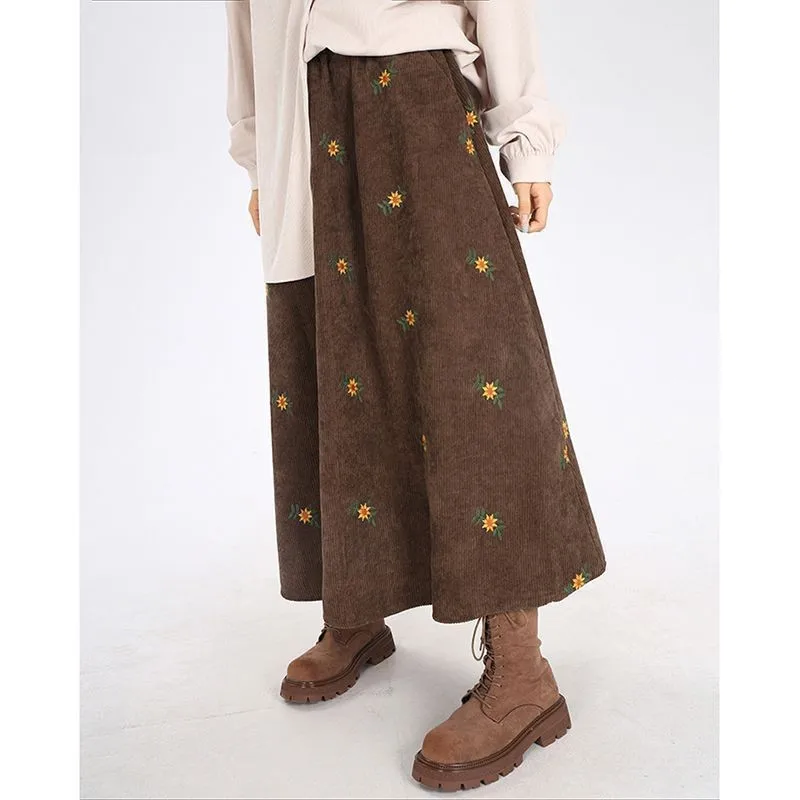 Vintage Brown Corduroy Skirt A Skirt Early Autumn Embroidered Floral Forest Tie Over The Knee Skirt