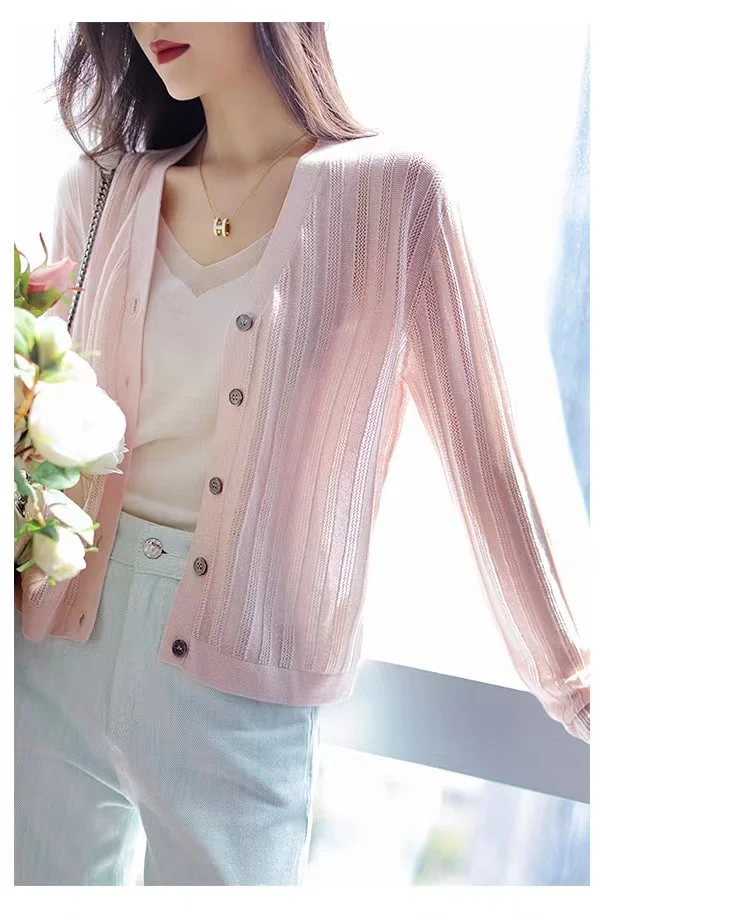 Fashionable and versatile hollowed-out cardigan ice silk long-sleeve shirt women\'s summer new cotton and linen sunscreen coat to