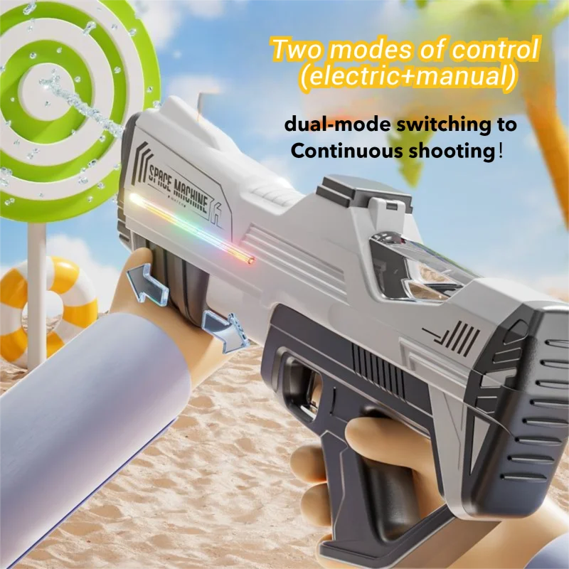 Pistola de água elétrica e manual 2 em 1, brinquedo com led, poderosa absorção automática de água, pistola blaster, piscina, brinquedos ao ar livre para crianças