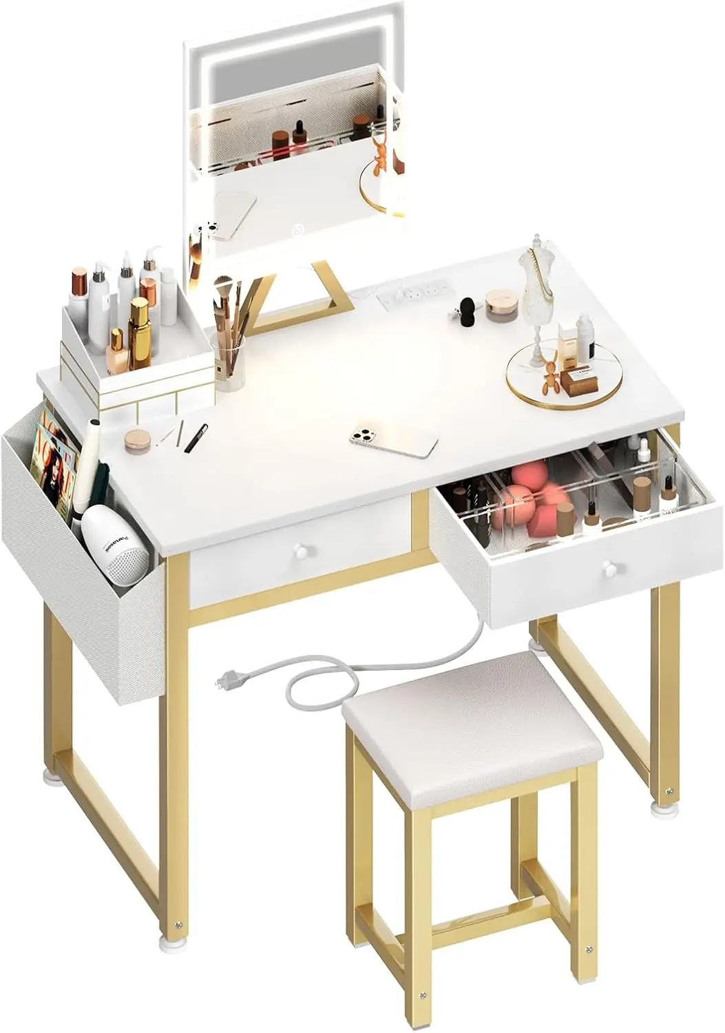 

Small Makeup Vanity Desk with Mirror and Light,32 inch White Vanity Desks Sets with Fabric Drawers for Girls Teen,Dressing Table