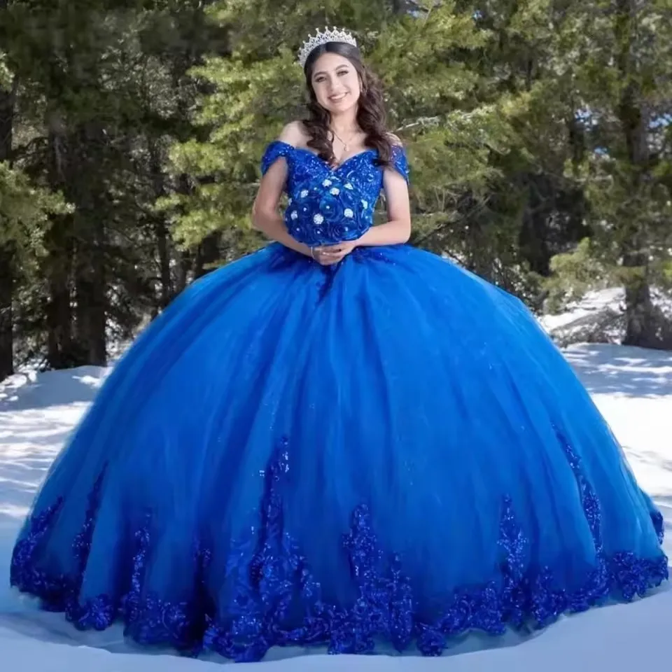 Customized Formal Prom Dress Ball Gown Royal Blue Appliqued Shiny Quinceanera Dresses Off Shoulder Women Wedding Party Dress