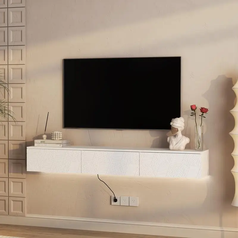 Zwevende tv-standaard van 67 inch, aan de muur gemonteerd modern entertainmentcentrum met 16 kleuren LED-verlichting, geschikt voor tv's van 55 tot 65 inch, wit