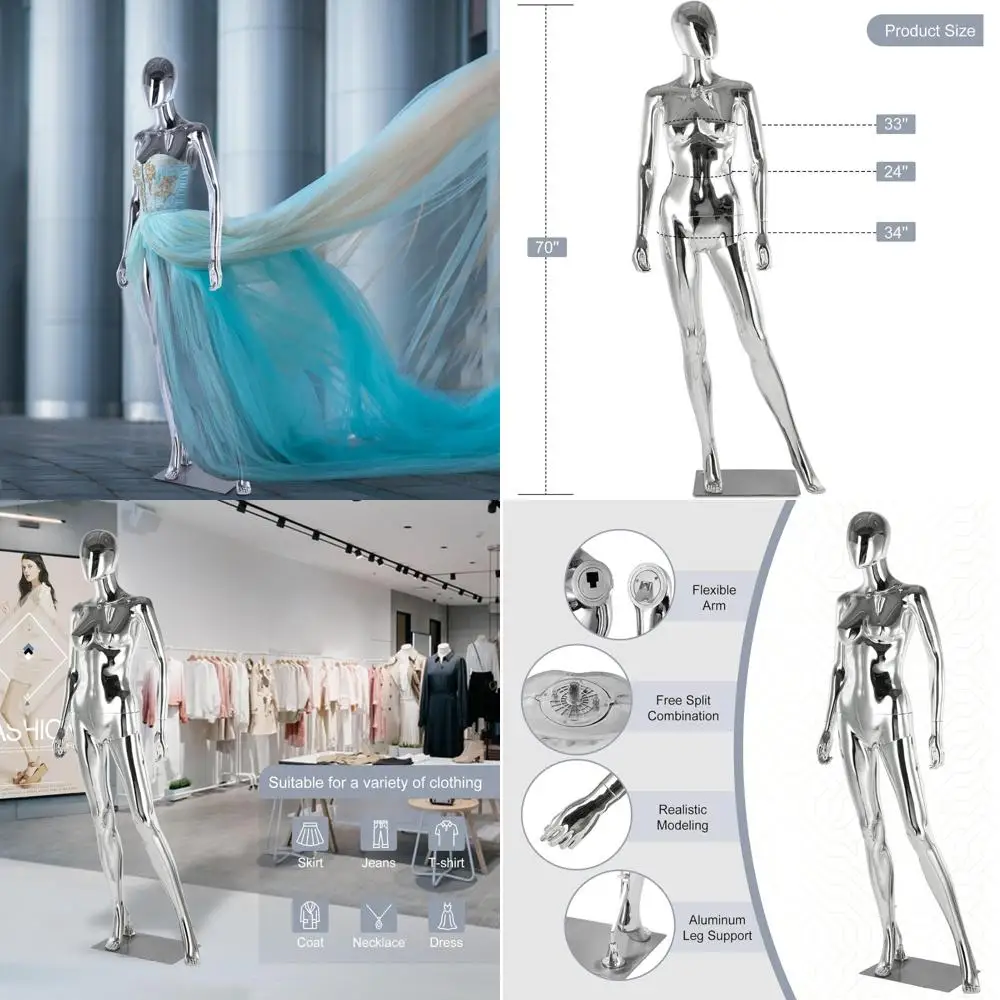 

Full Body Female Mannequin 70 Matte Silver Detachable Dress Form Realistic Metal Base for Clothing Stores