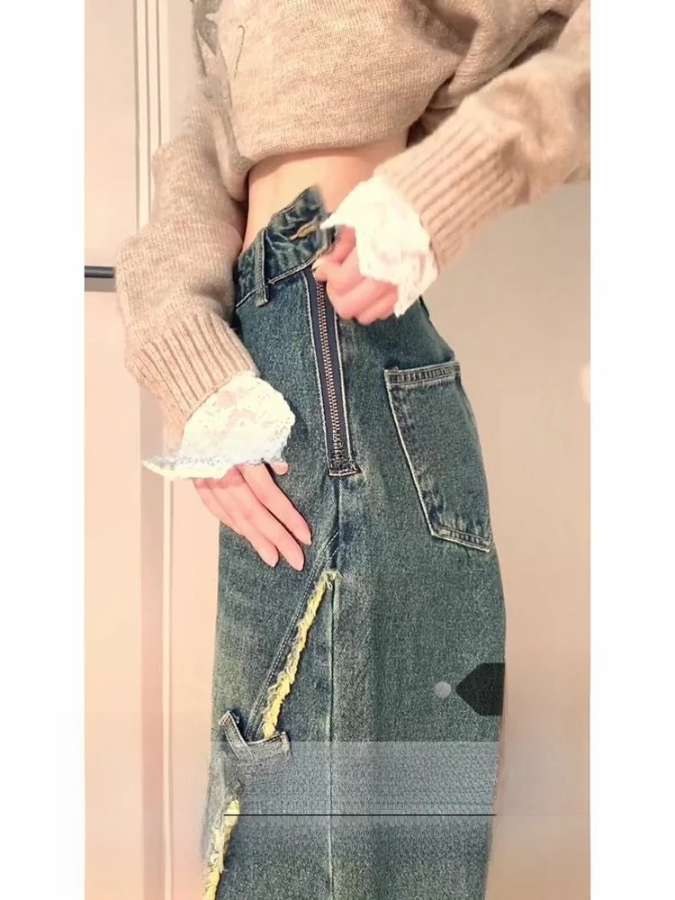 

Джинсы женские с высокой талией, прямые, летние, новые, винтажные, свободные, широкие, в американском стиле, с боковой молнией и рваным краем