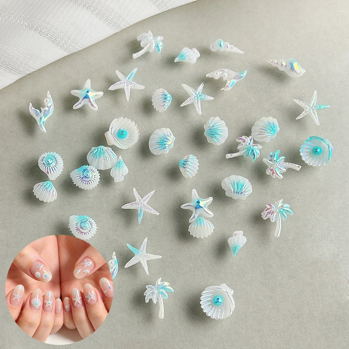 

100pc Mixed Ocean Nails Charm Design 3d Nail Art Decorations Kawaii Starfish Star Coconut Tree Manicure Parts Фигурки Для Ногтей