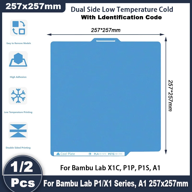 

Low Temp Build Plate for Bambu Lab P1S P1P X1C X1E A1, 257x257mm Double Sided Printing Platform with ID Code 3D printer parts