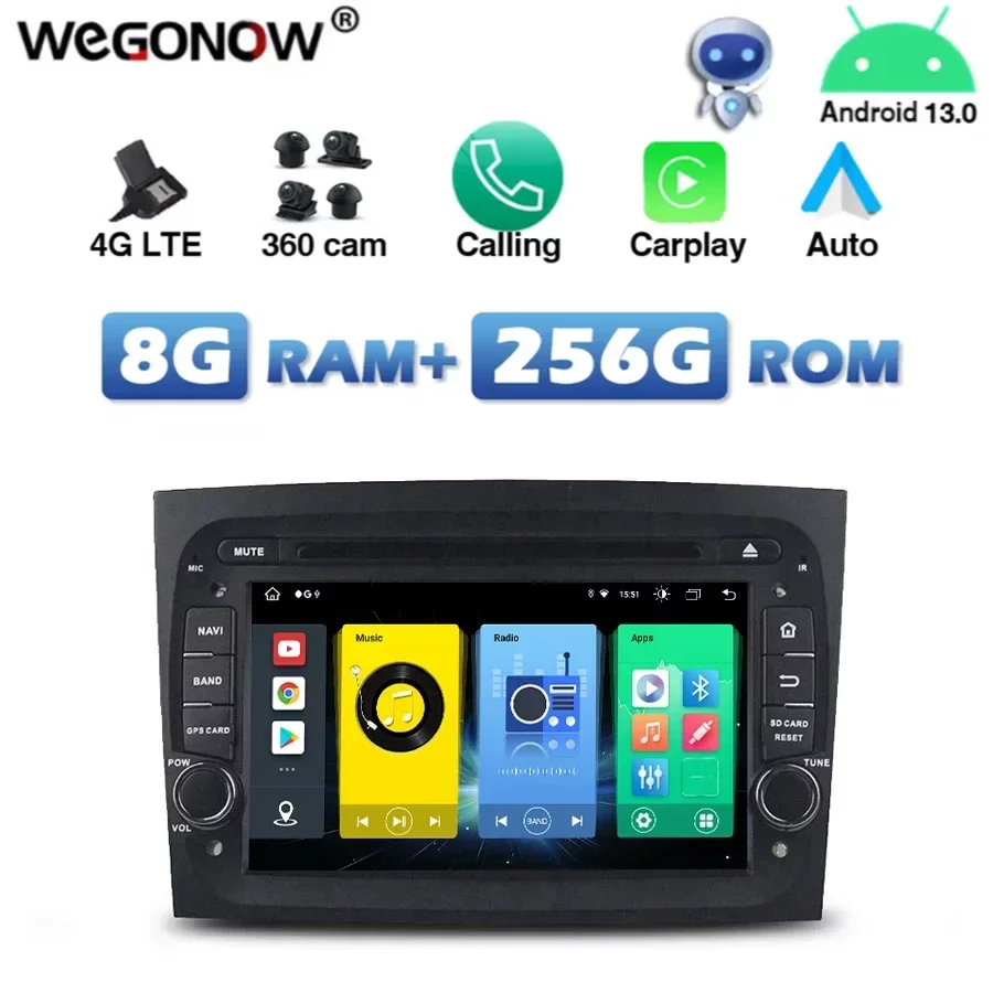 4G SIM Car DVD Player DSP Carplay Auto Android 13.0 8G+256G 360 GPS Map RDS Radio wifi Bluetooth For Fiat DOBLO 2016 2017 2018