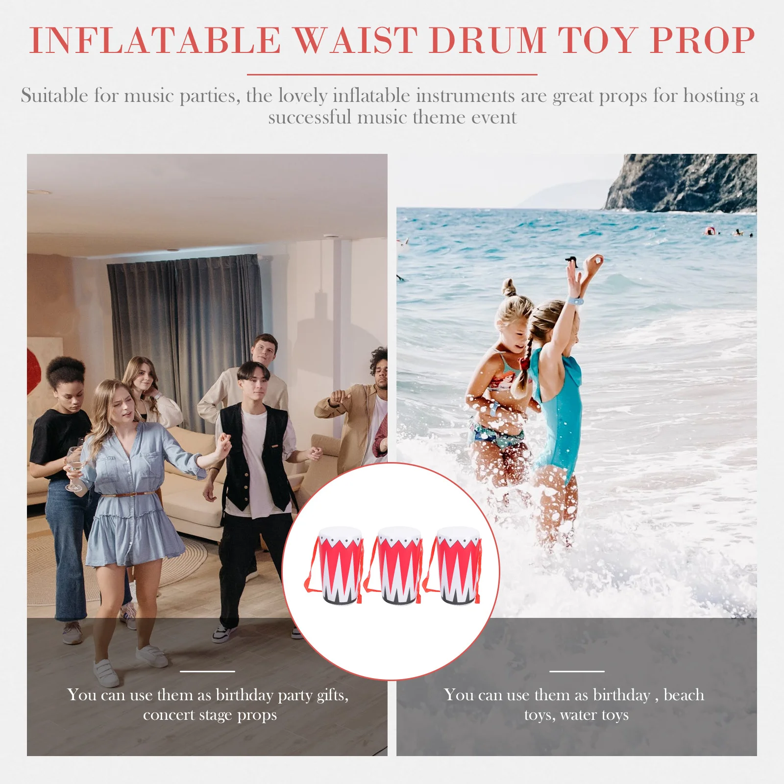 กลองคาดเอวเป่าลม 3 ชิ้น เครื่องดนตรีเด็กเล่นสำหรับงานปาร์ตี้ ของขวัญเด็ก การแสดงบนเวที ของเล่นเสริมสร้างจินตนาการ