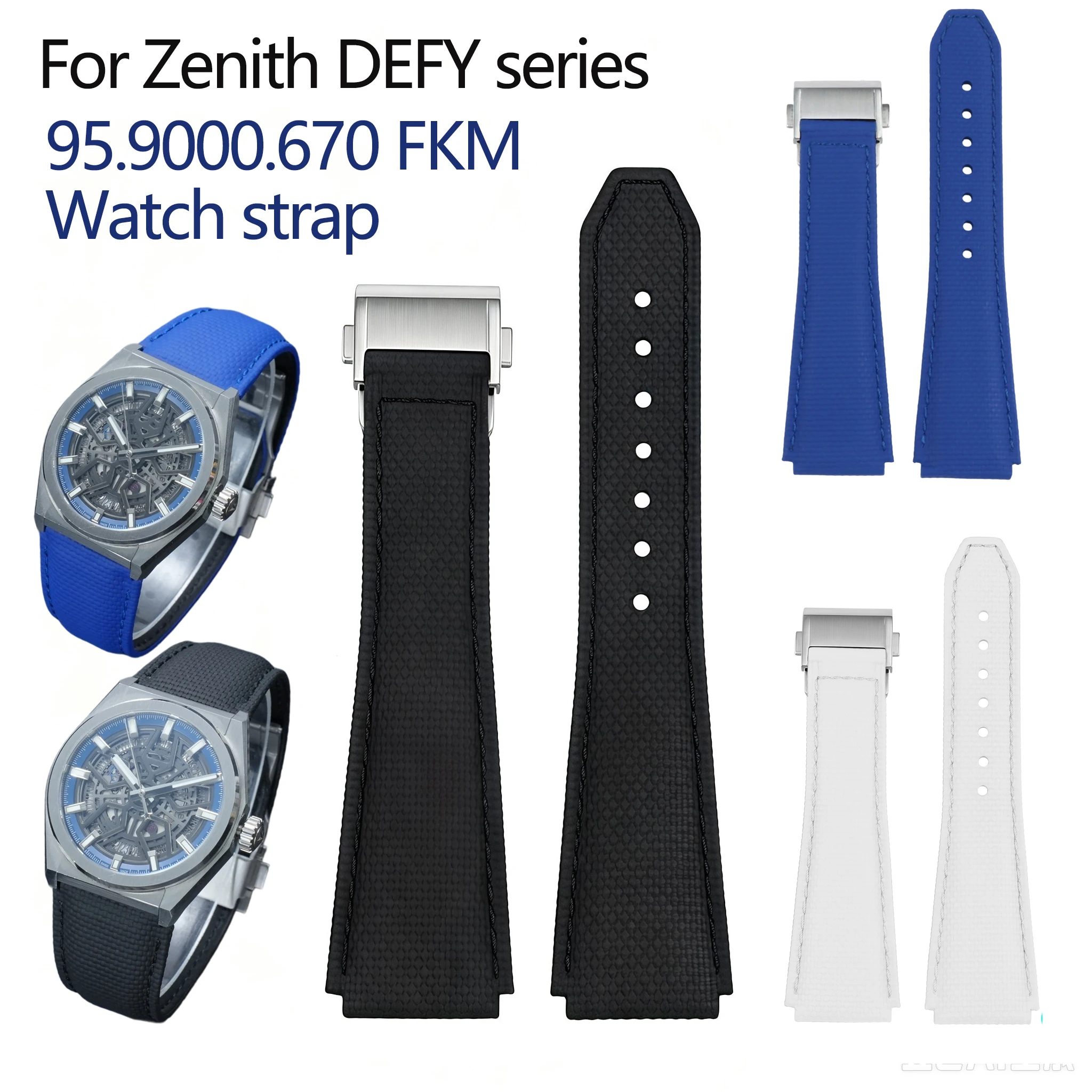 High quality Fluororubber watch band 22mm folding buckle bracelet For Zenith DEFY series 95.9000.670 Soft FKM+Cow leather Strap