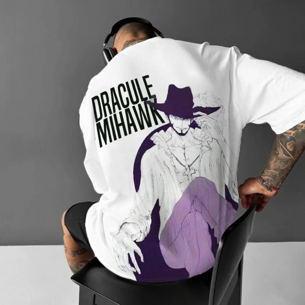 Męska koszulka One Piece na lato, Dracule Mihawk, japońskie klasyczne anime, jesienna koszulka chłopięca, dziecięca koszulka z krótkim rękawem, luźny strój dla rodziców i dzieci.