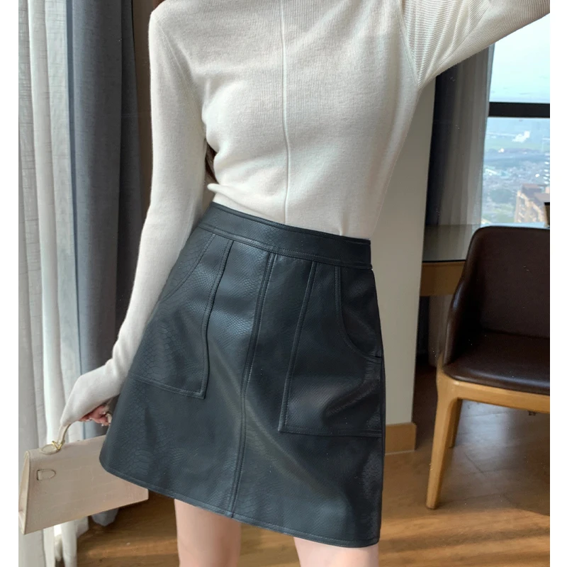 Skirt Women's Spring and Autumn New Fashion Style Fried Street Retro Temperament Slim and Versatile High Waist Leather Skirt