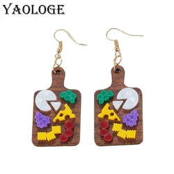 YAOLOGE Bizarre creativity Dining plate dish Earrings Fruit Food Design Pizza Grape Cheese Biscuits shape Wooden Eardrop