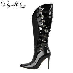 Onlymaker Women Pointed Toe Black Patent Leather Multi Buckle Stiletto Knee High Boots