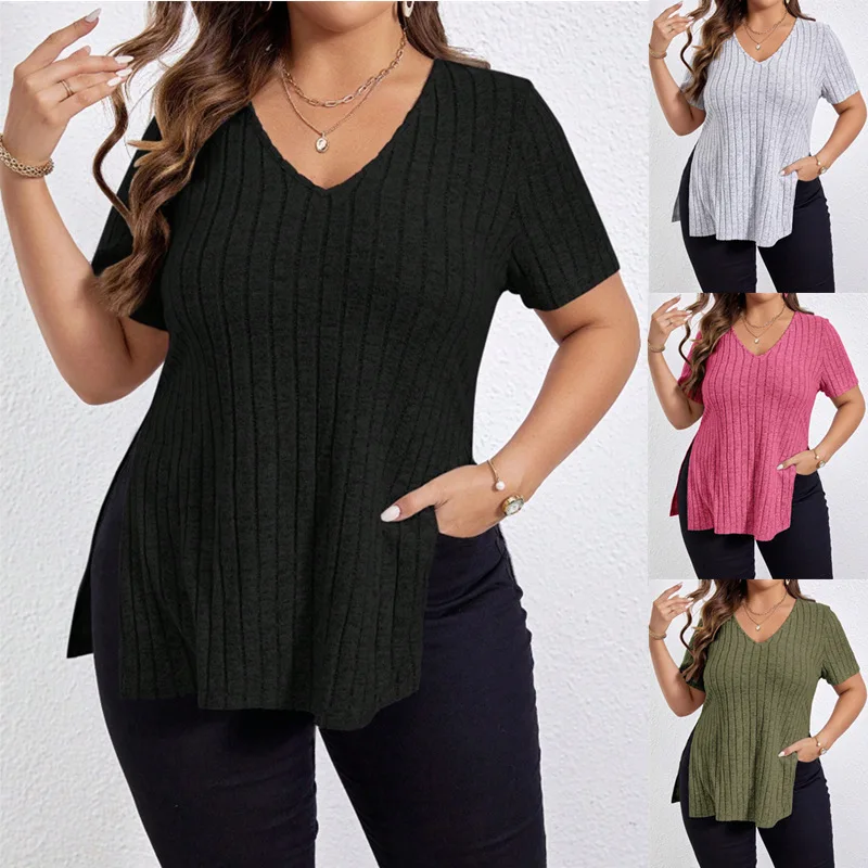 

Women Casual T-shirts Solid-color Casual V-neck Loose Fit Striped Short-sleeved Female Summer Split Hem Knitted Pullover Blouse