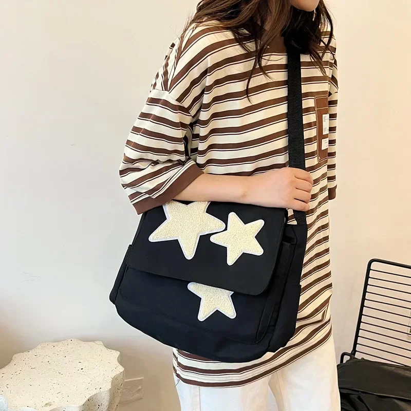 Women Star Pattern Y2k Messenger Bag Casual School Bag Lady Simple Large Capacity Travel School Bookbag Girl Sling Bag Handbag