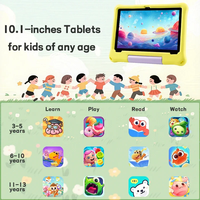 Tablet infantil, tablets Android 15 de 2025, tablet de 10,1" para crianças, 4 GB + 4 GB + 64 GB de até 1 TB, octa-core 1,8 GHz, 5000 mAh, controle parental