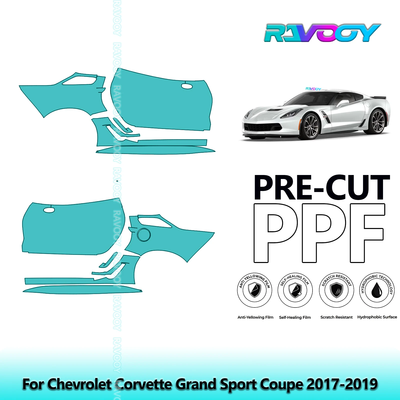 

For Chevrolet Corvette Grand Sport Coupe 2017-2019 8.5mil Pre-Cut PPF Door & A/B Pillar Kit TPU Paint Protection Film Set