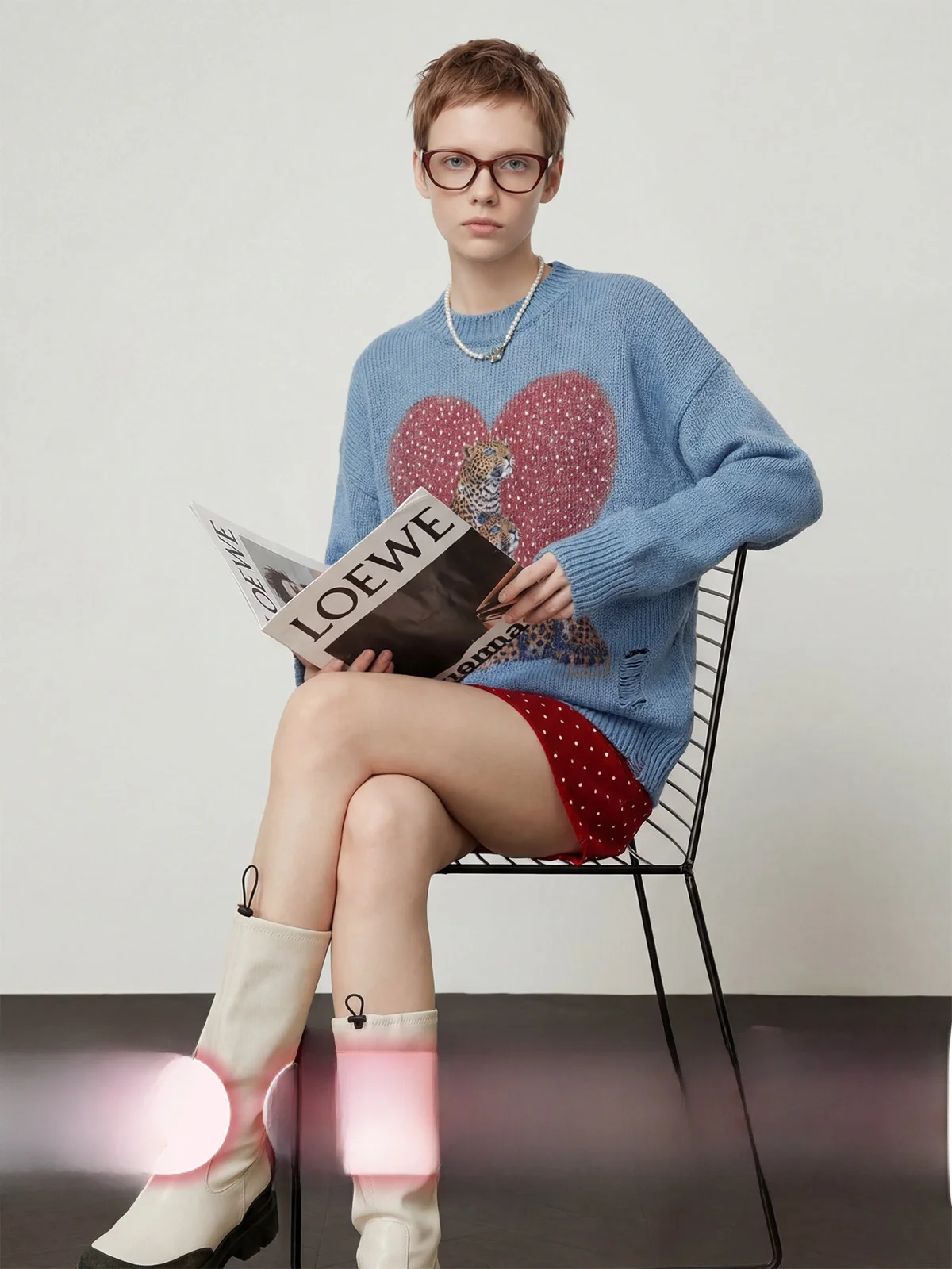 

Синий свитер с сердечками и леопардовым принтом в горошек, свободный повседневный женский свитер, весна 2026, новинка, удобный вязаный топ