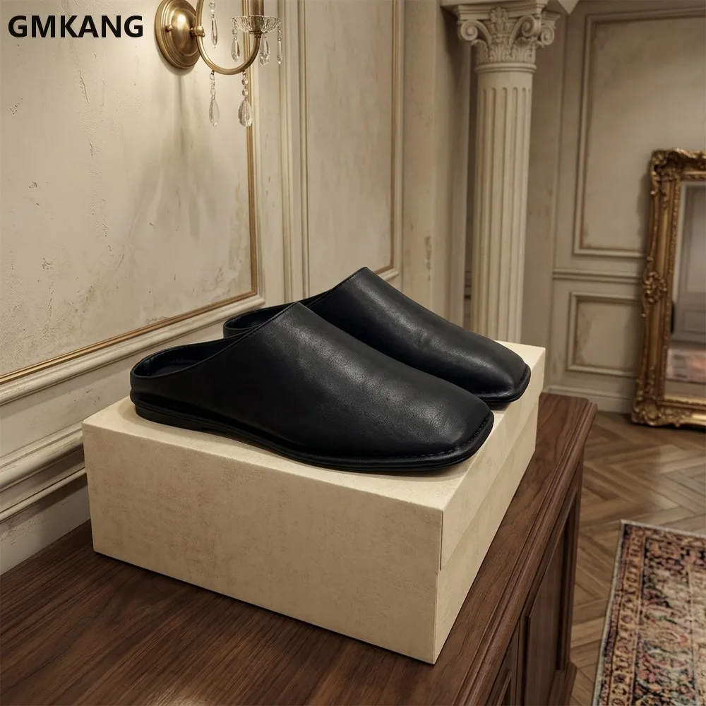 Suede Leather Flat Slippers Women Square Toe Mules Comfortable Casual Outdoor Holiday Half Slides GMKANG