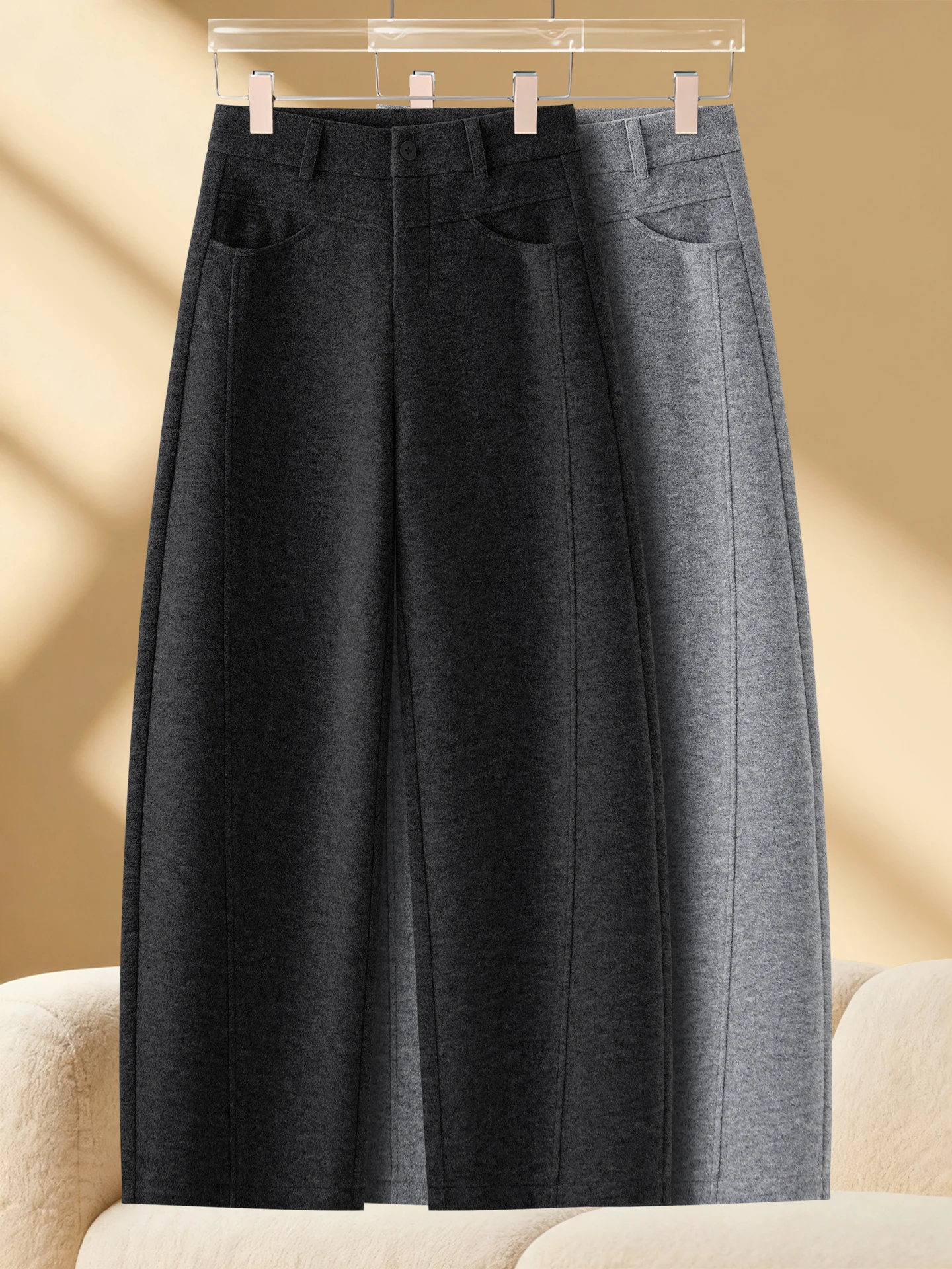 

High Waist Fleece Lined Woolen Wide Leg Knife Pants Women Autumn Winter Casual Loose Slimming Straight Banana Pants