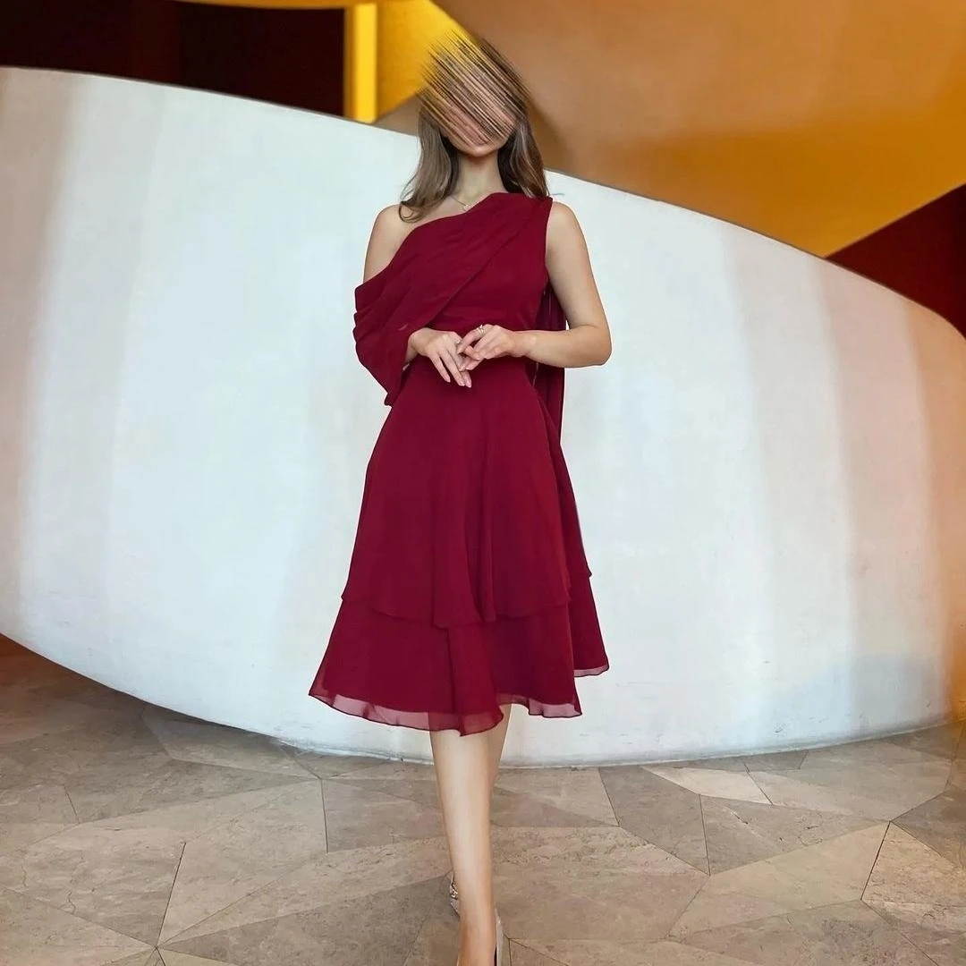 

Lovestory Burgundy Tiered Short Chiffon Prom Dresses One Shoulder Graduation Party Girls Wear Homecoming Cocktail Club Gowns