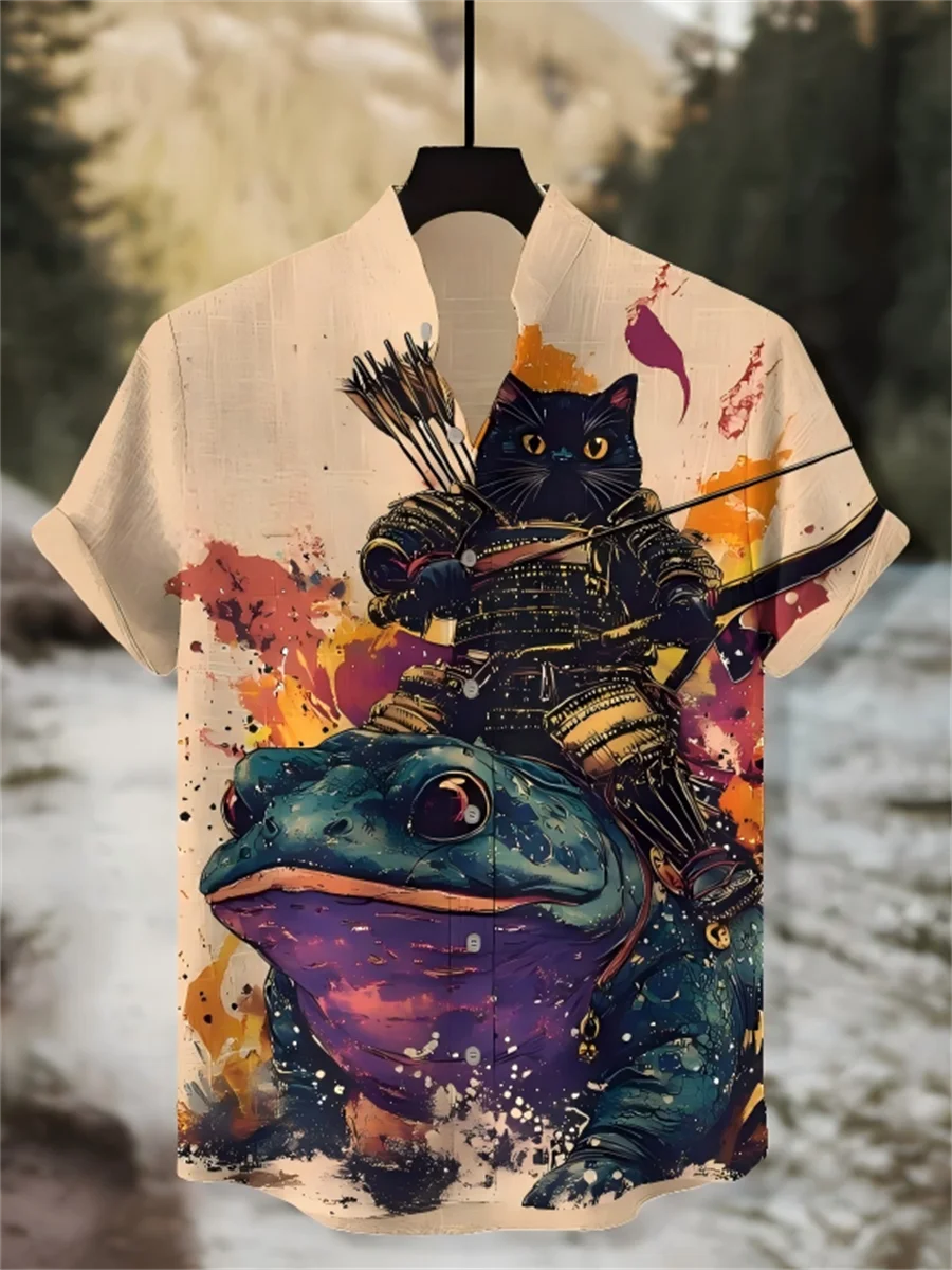 

Black Cat Knight print, men's short sleeved shirt, loose top, outdoor street style, casual and comfortable