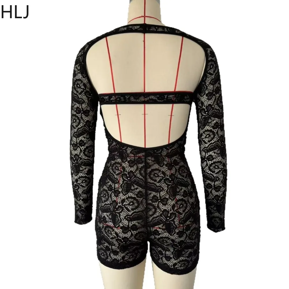 Hlj sexy rendas retalhos bodycon macacão mulher preto oco para fora mangas compridas macacões de uma peça feminino festa clubwear macacão