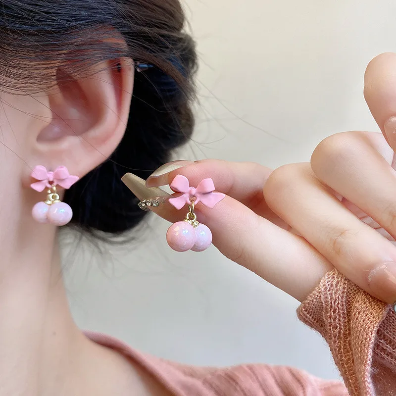 2024 Korean Sweet Pink Bow Earrings for Women Girls Fashion Design Personality Round Bead Drop Earring Jewelry Gifts Wholesale