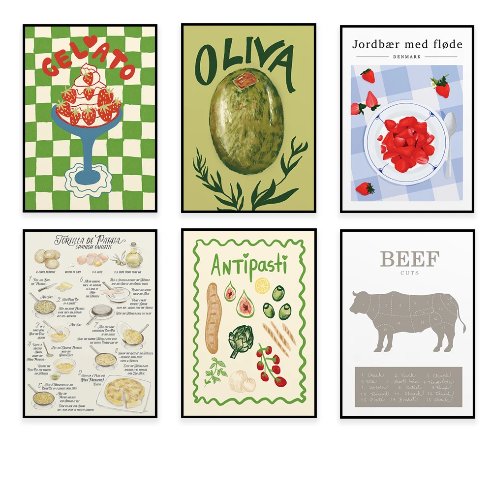 Food posters of sushi, ice cream, appetizer, beef slice, pancake, ramen bowl, kitchen rules, croissant, orange, strawberry cream
