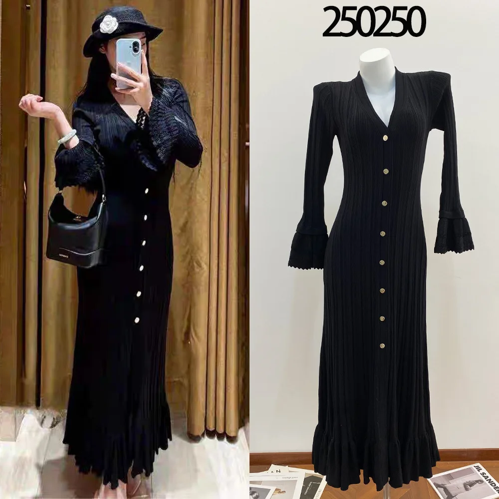 

S【Gift Free】2026 Spring New Elegant Lady Style Waist-Cinching Black Knit Dress Flared Sleeve Lace Trim Midi Dress for Women
