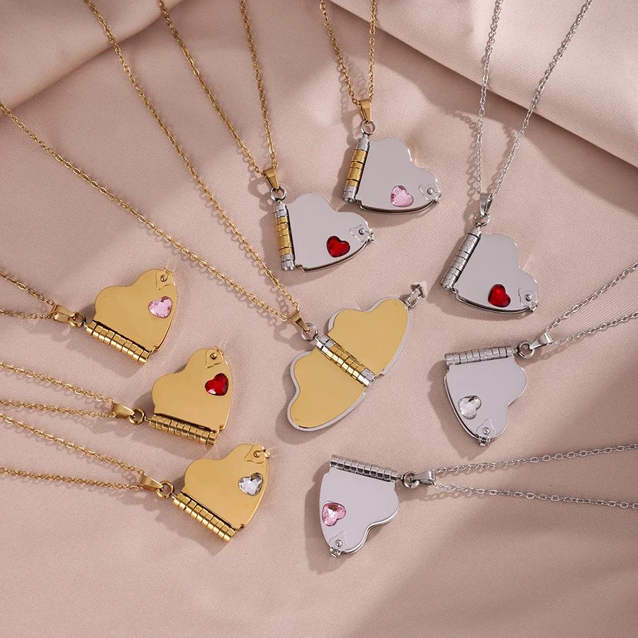 1Piece Heart-shaped Book Locket Necklace Can Be Opened Stainless Steel Memory Love Pendant Jewelry for Women