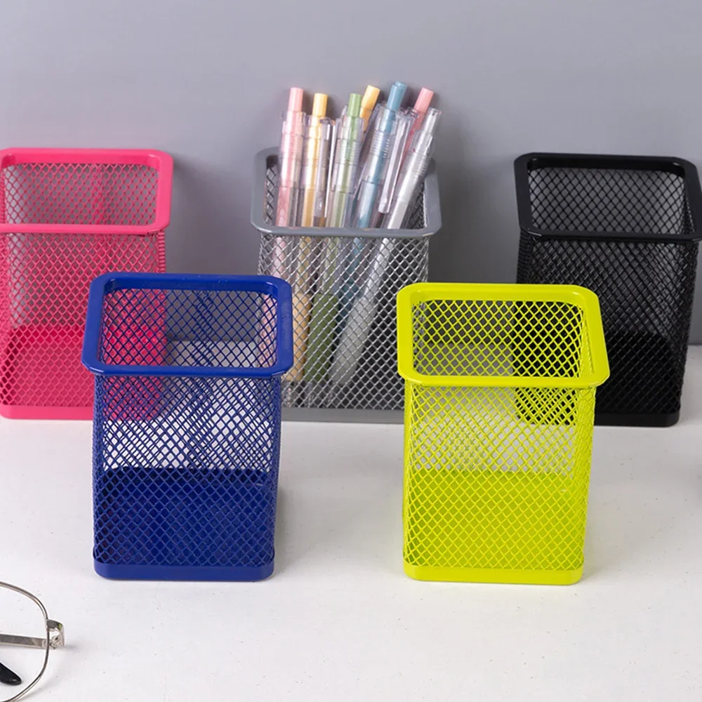 Round Square Pencil Holder Desktop Organizer Hollow Mesh Pen Holder Stationery Storage Case Pencil Pot School Office Supplies