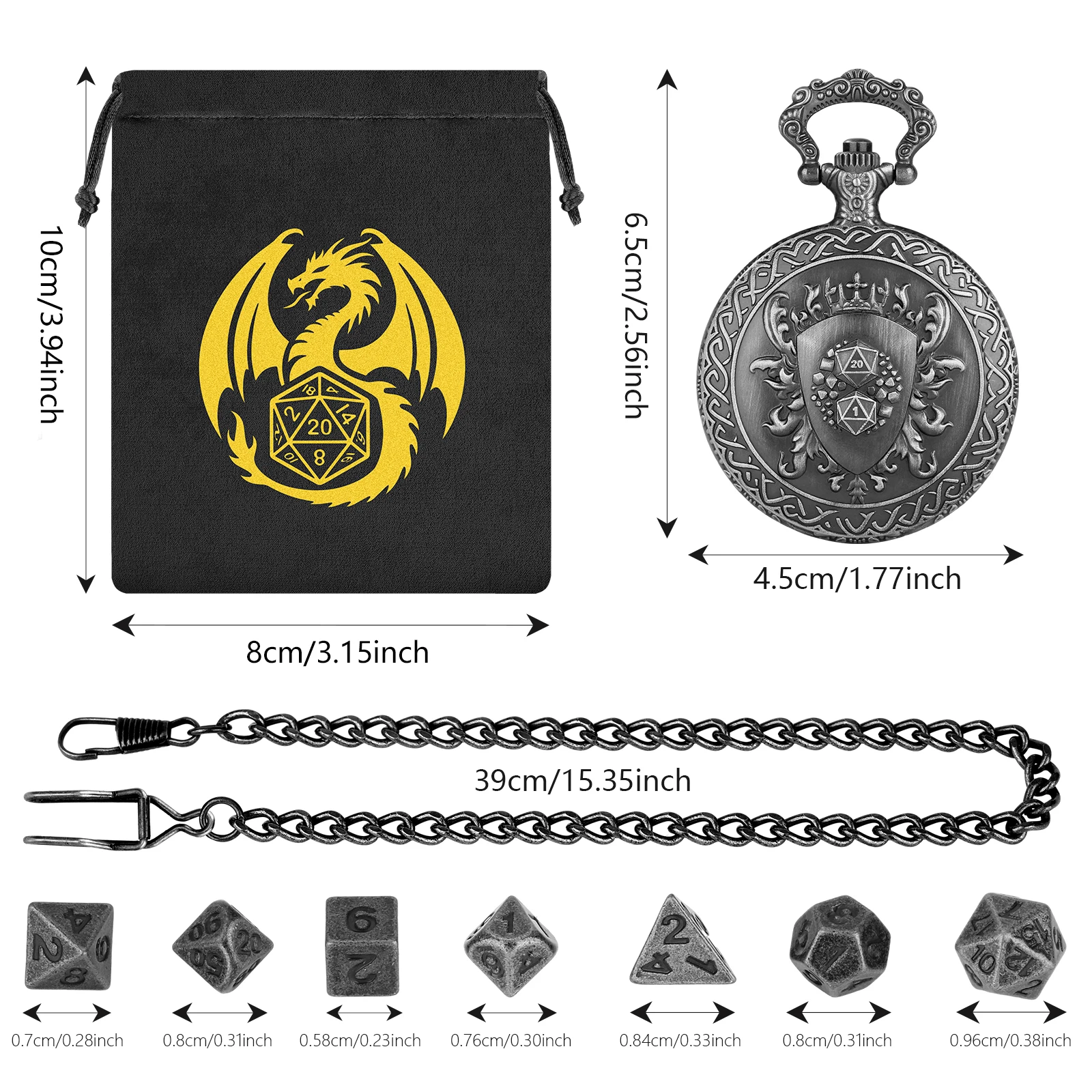 5pcs Wholesale D20 & D1 Shield Metal Pocket Watch Case Polyhedral Mini Dice Set Fob Chain Pendant Gift for Role Playing Party