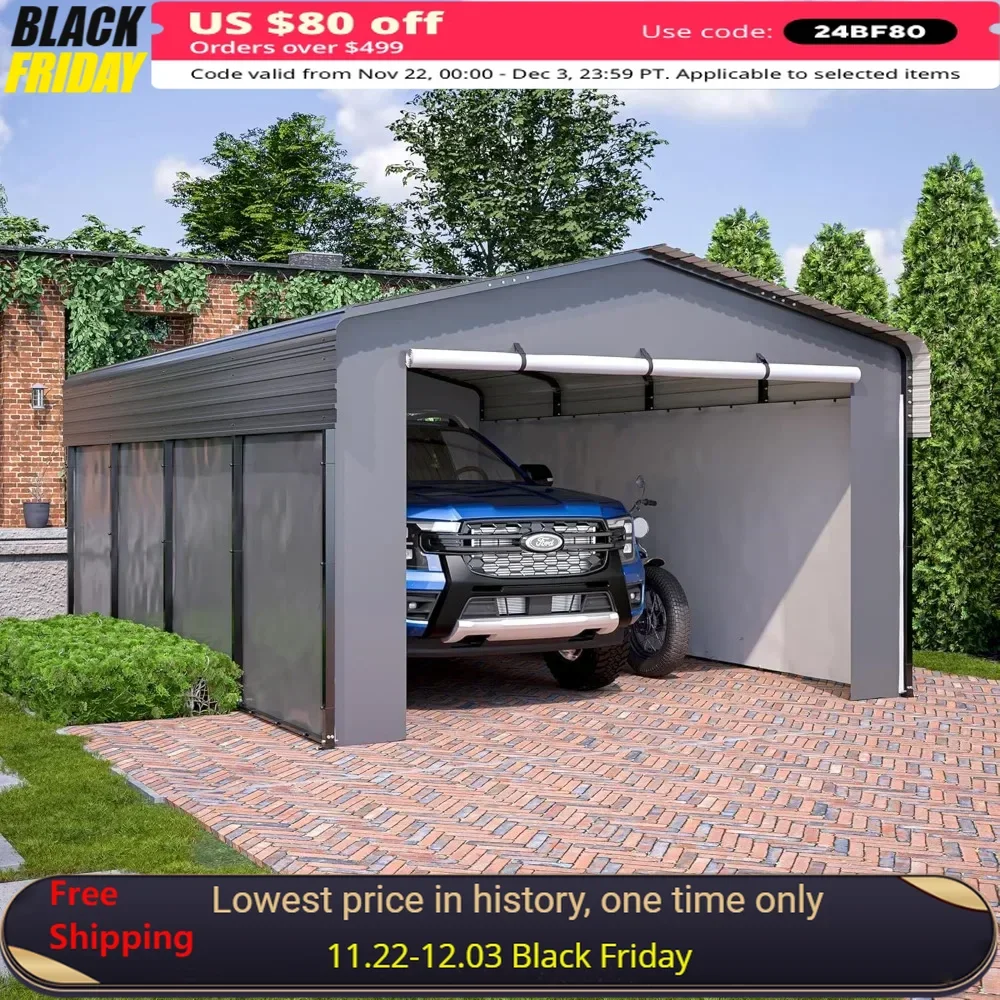 13x20 ft Carport with Galvanized Steel Roof, Sidewalls Enclosure Kit for Car Boat Tractor, Sturdy Heavy Duty Prefab Metal Garage